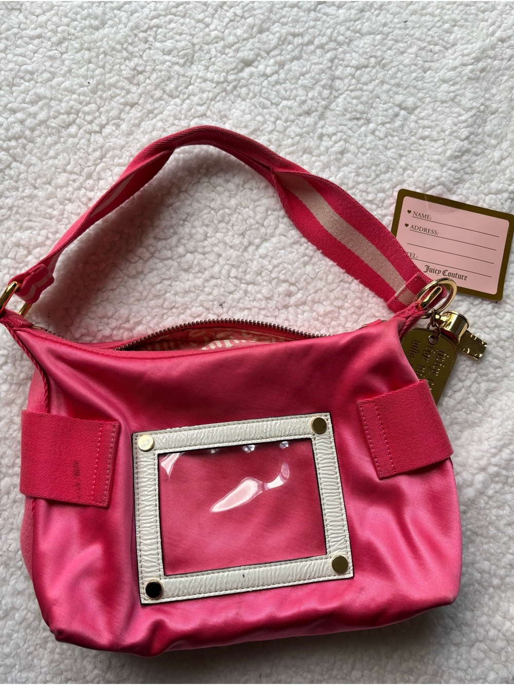 Juicy Couture Vintage Y2K Hot Pink Satin Shoulder Bag Whistle and Plate Charms - Picture 2 of 11
